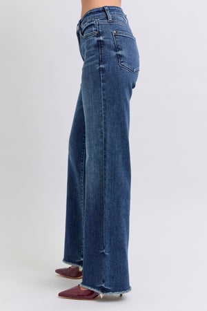 Judy Blue Mid Rise Vintage Wash Wide Leg Fray Hem Jeans