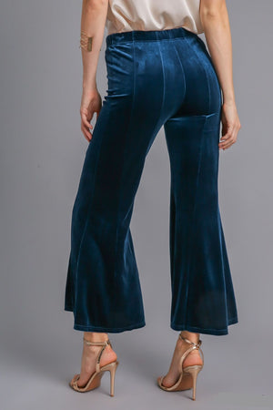 High Rise Elastic Waist Velvet Flare Pants in Peacock Blue