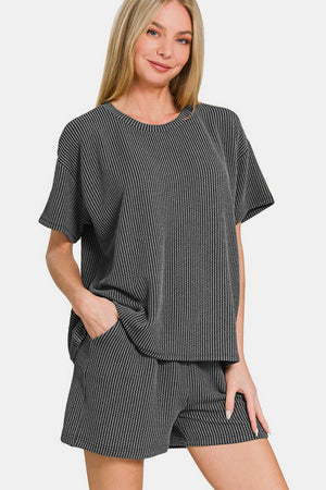 Zenana Rib Short Sleeve T-Shirt and Shorts Set Dark Gray