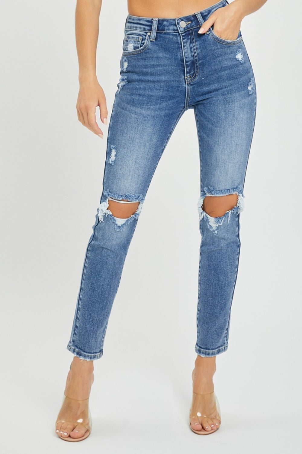 Risen High Rise Knee Distressed Skinny Jeans