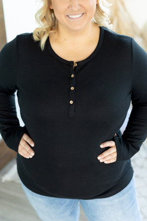 Harper Long Sleeve Thermal Knit Henley - Black from Michelle Mae