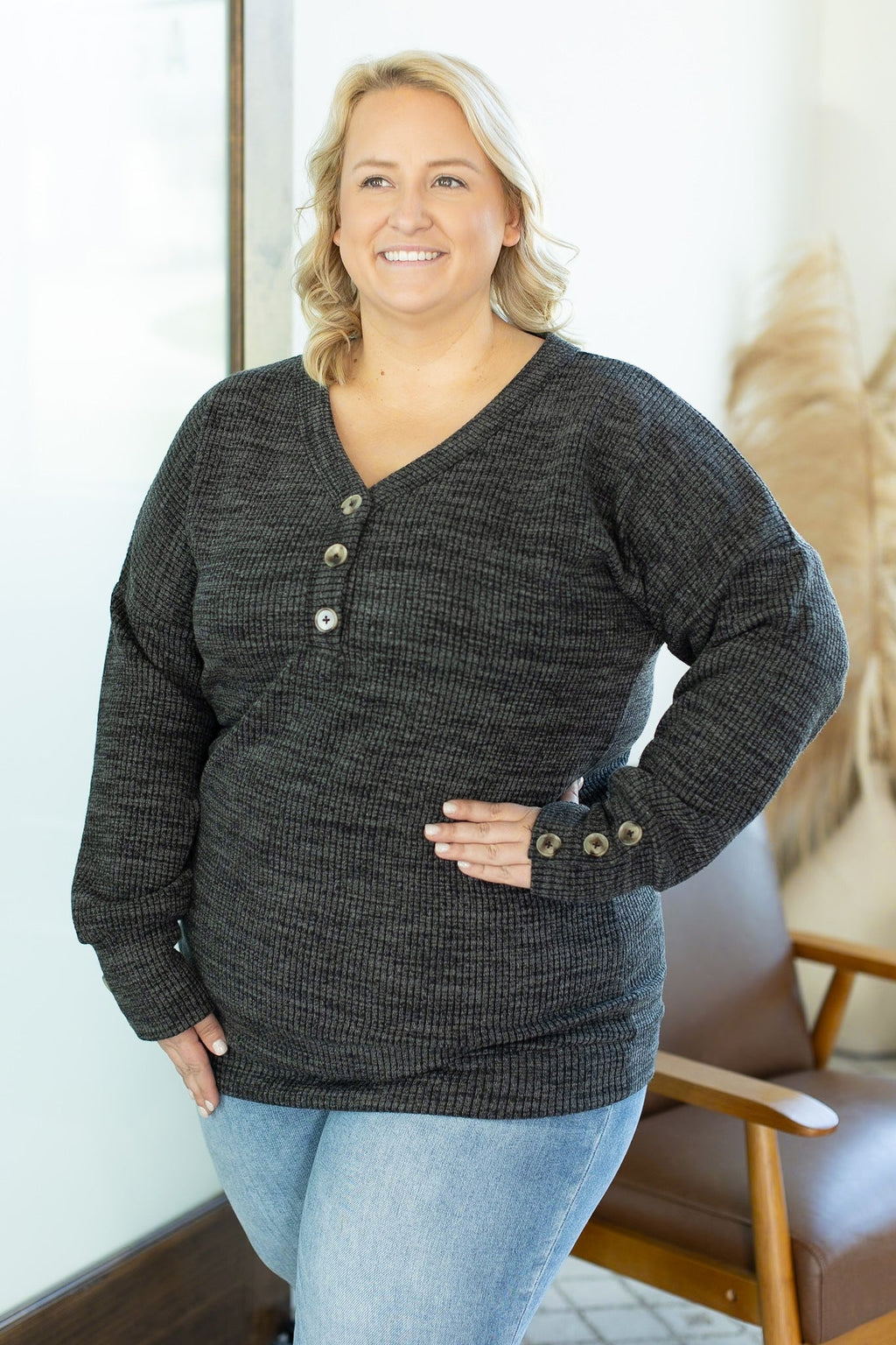 Brittney Button Sweater Top - Charcoal by Michelle Mae