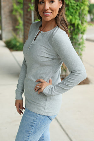 Brielle Henley Ribbed Long Sleeve - Light Grey by Michelle Mae