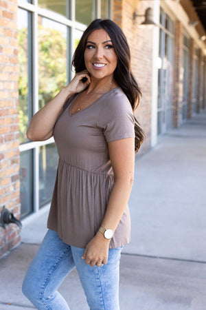 Sarah Babydoll V Neck Ruffle Short Sleeve - Mocha by Michelle Mae