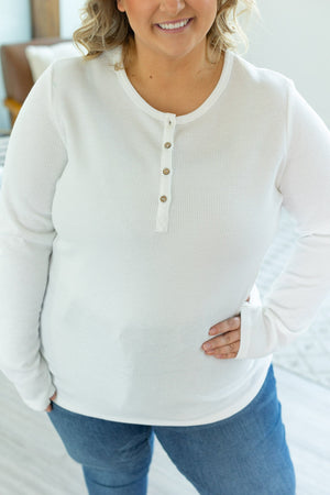 Harper Long Sleeve Thermal Knit Henley - White by Michelle Mae