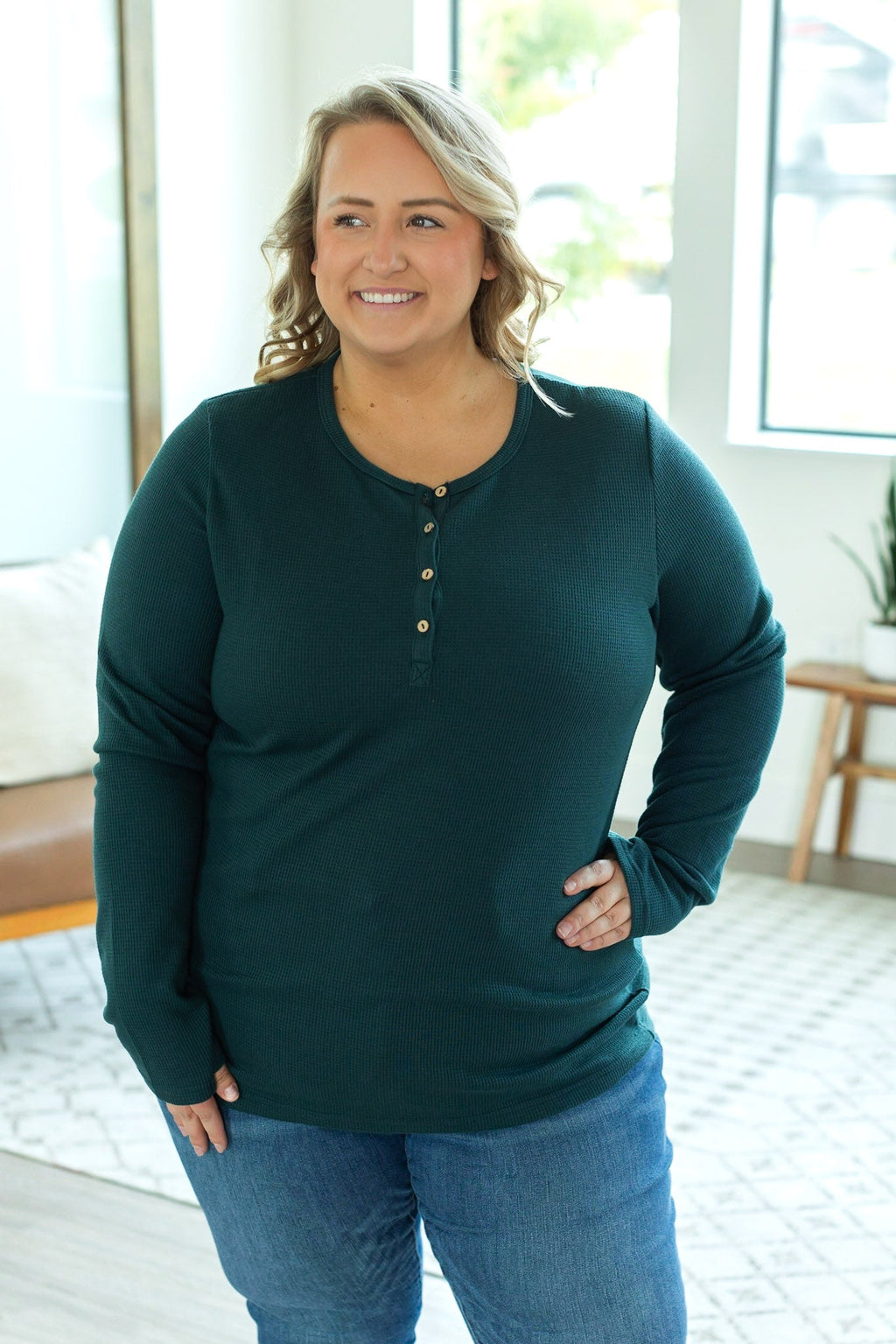 Harper Long Sleeve Thermal Knit Henley - Evergreen by Michelle Mae