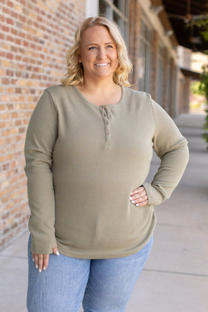 Harper Long Sleeve Thermal Knit Henley - Olive by Michelle Mae