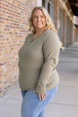 Harper Long Sleeve Thermal Knit Henley - Olive by Michelle Mae