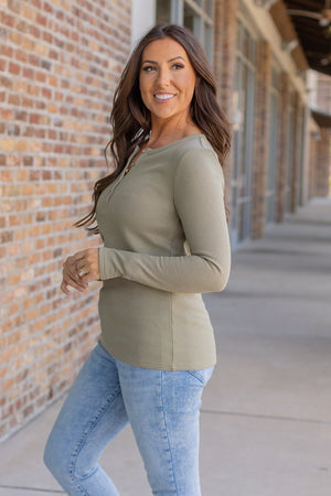 Harper Long Sleeve Thermal Knit Henley - Olive by Michelle Mae