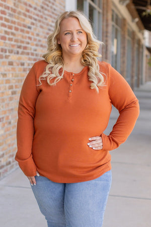 Harper Long Sleeve Thermal Knit Henley - Pumpkin by Michelle Mae