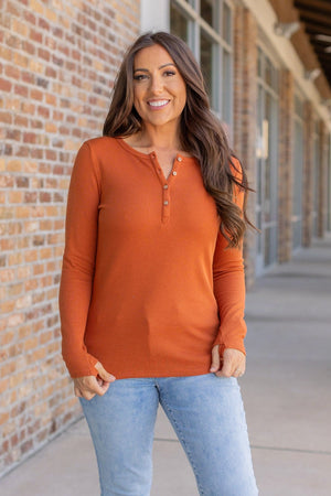 Harper Long Sleeve Thermal Knit Henley - Pumpkin by Michelle Mae