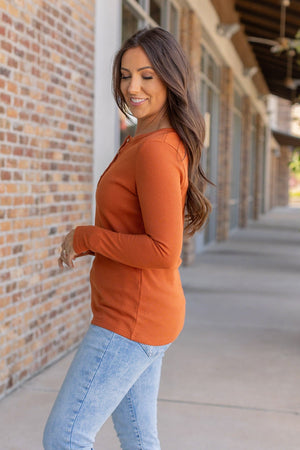 Harper Long Sleeve Thermal Knit Henley - Pumpkin by Michelle Mae