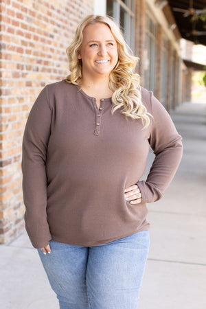 Harper Long Sleeve Thermal Knit Henley - Mocha by Michelle Mae