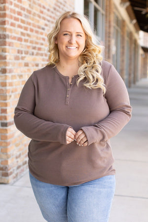 Harper Long Sleeve Thermal Knit Henley - Mocha by Michelle Mae