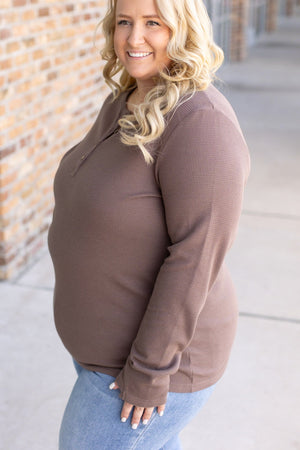 Harper Long Sleeve Thermal Knit Henley - Mocha by Michelle Mae