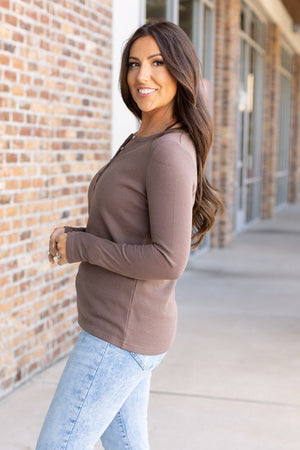 Harper Long Sleeve Thermal Knit Henley - Mocha by Michelle Mae