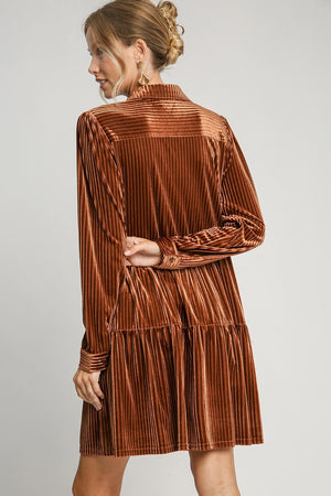 Texture Tiered Collared Long Sleeve Velvet Dress in Copper