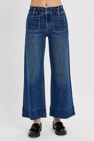 RISEN High Waist Elastic Ruffle Band Wide Leg Crop Jeans