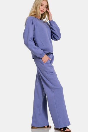 Zenana Round Neck Raglan Sleeve Top and Elastic Waist Pants Set Dusty Blue