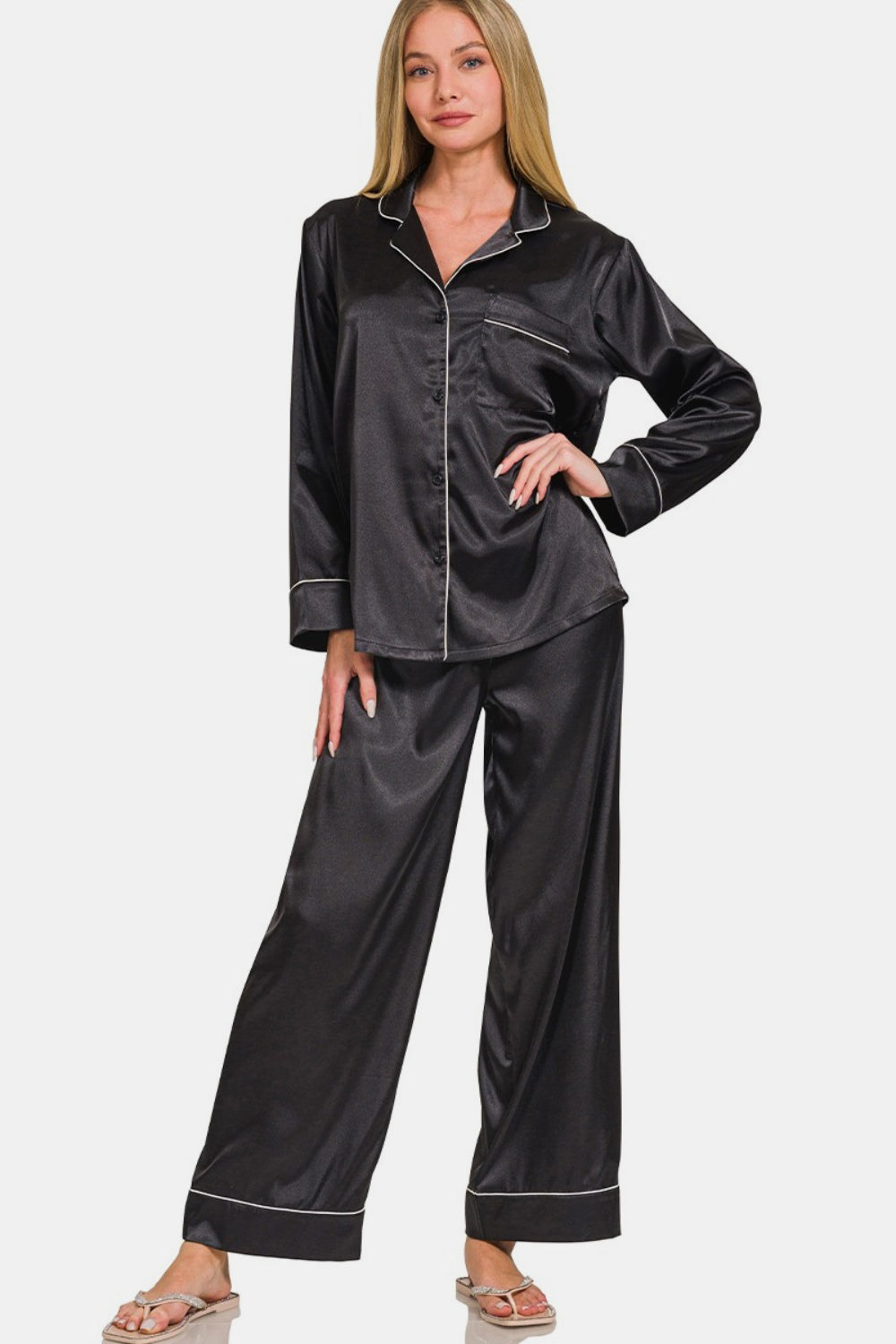 Zenana Satin Long Sleeve Shirt and Pants Pajama Set Black