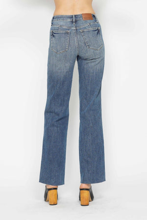 Judy Blue Mid Rise Tummy Control Vintage Raw Hem Straight Leg Jeans