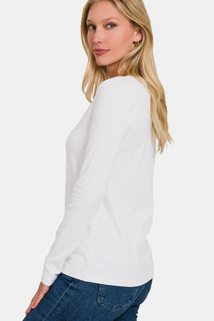 Zenana Relaxed Fit V-Neck Long Sleeve Cotton T-Shirt White