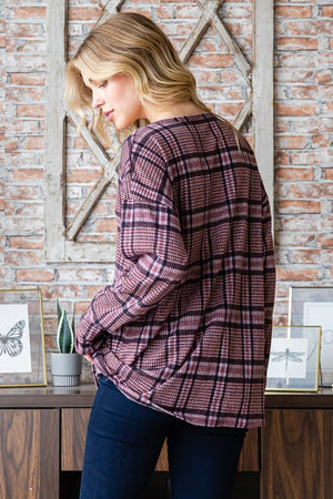 Mauve Plaid V-Neck Long Sleeve Top