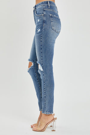 Risen High Rise Knee Distressed Skinny Jeans