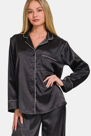 Zenana Satin Long Sleeve Shirt and Pants Pajama Set Black