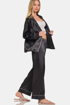 Zenana Satin Long Sleeve Shirt and Pants Pajama Set Black