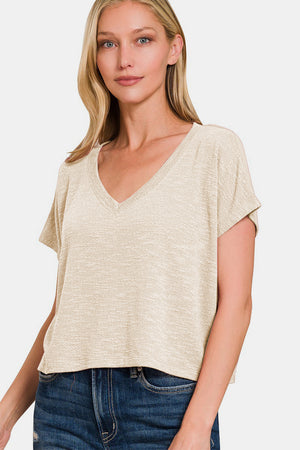 Zenana V-Neck Short Sleeve Crop T-Shirt in Sand Beige
