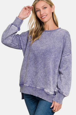 Zenana High Low Acid Wash Fleece Sweatshirt Purple