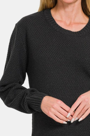 Zenana Round Neck Long Sleeve Curved Hem Sweater Black