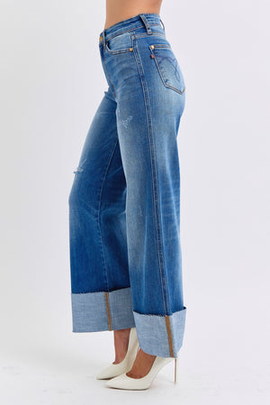 Judy Blue High Waist Distressed Retro Wide Leg Cuffed Raw Hem Jeans