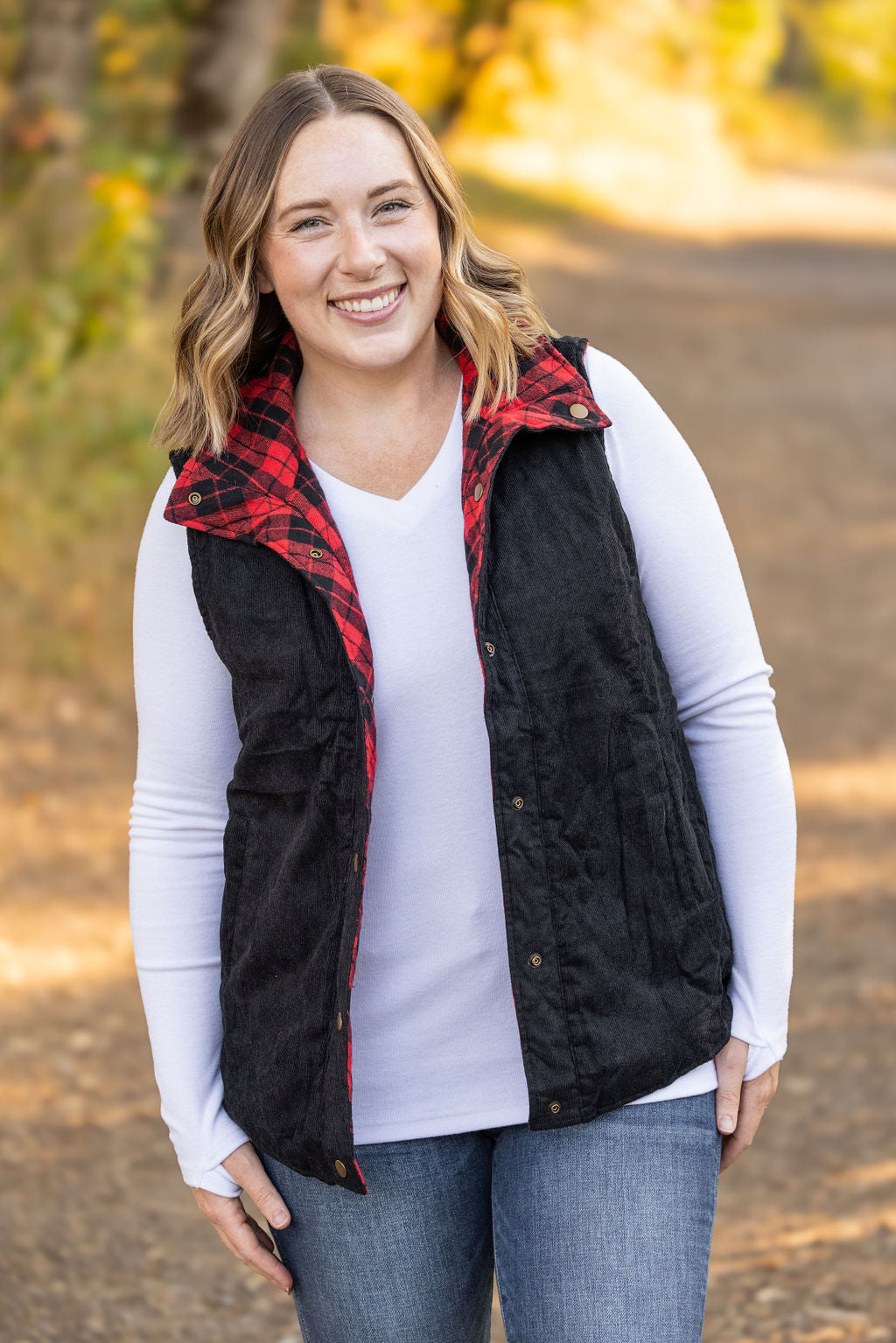 Reversible Vest - Corded Black and Plaid by Michelle Mae