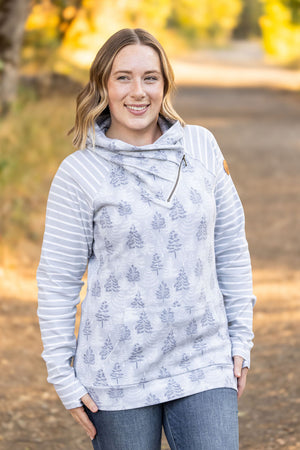 Classic Zoey ZipCowl Sweatshirt - Grey Trees and Stripes by Michelle Mae