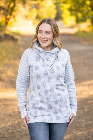 Classic Zoey ZipCowl Sweatshirt - Grey Trees and Stripes by Michelle Mae