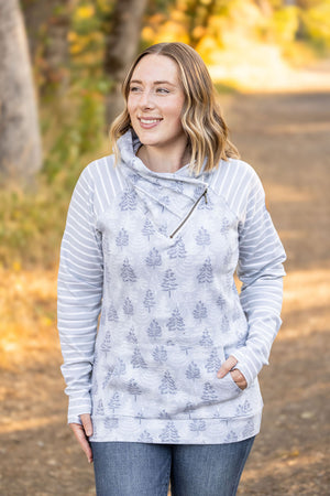 Classic Zoey ZipCowl Sweatshirt - Grey Trees and Stripes by Michelle Mae