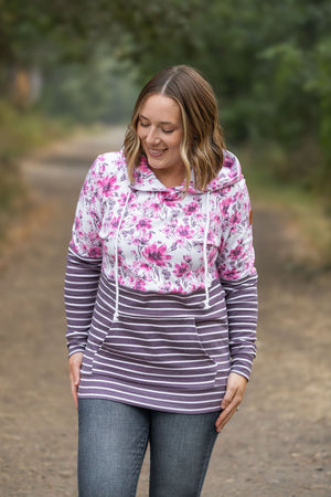 Hailey Pullover Hoodie - Pink Floral and Stripes by Michelle Mae