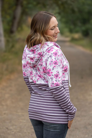 Hailey Pullover Hoodie - Pink Floral and Stripes by Michelle Mae