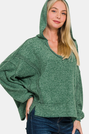 Zenana Brushed Hacci Exposed Seam Hoodie Dk Green