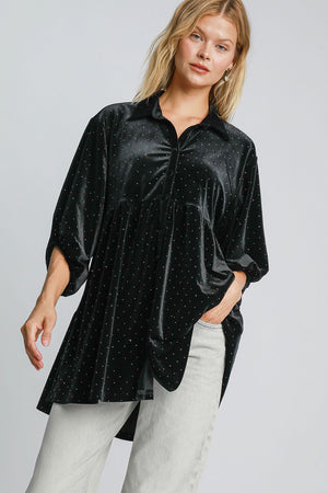 Polka Dot Button Up Half Sleeve Velvet Shirt Black