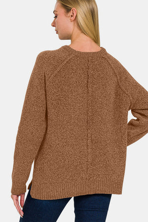 Zenana Side Slit Raglan Sleeve Sweater Camel