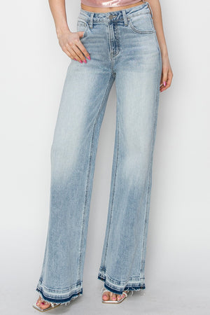 Risen High Rise Wide Leg Release Hem Light Wash Jeans