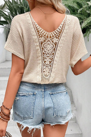 Round Neck Short Sleeve Waffle Knit Lace Top- 2 colors