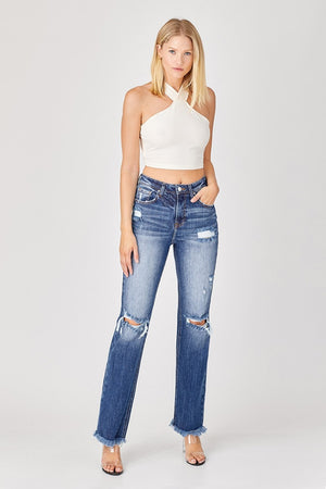 Risen High Rise Raw Hem Distressed Straight Leg Jeans