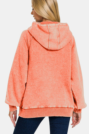 Zenana Acid Wash Fleece Kangaroo Hoodie Coral