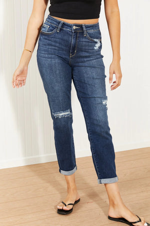 Judy Blue High Rise Dark Wash Distressed Boyfriend Jeans