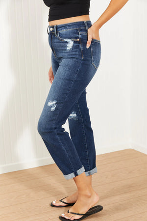 Judy Blue High Rise Dark Wash Distressed Boyfriend Jeans