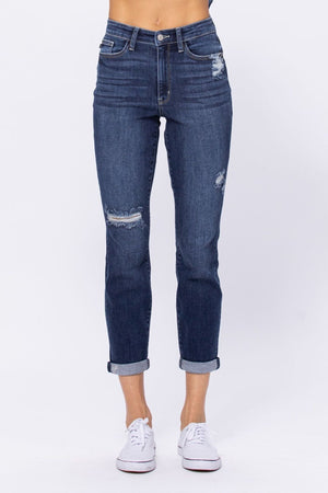 Judy Blue High Rise Dark Wash Distressed Boyfriend Jeans